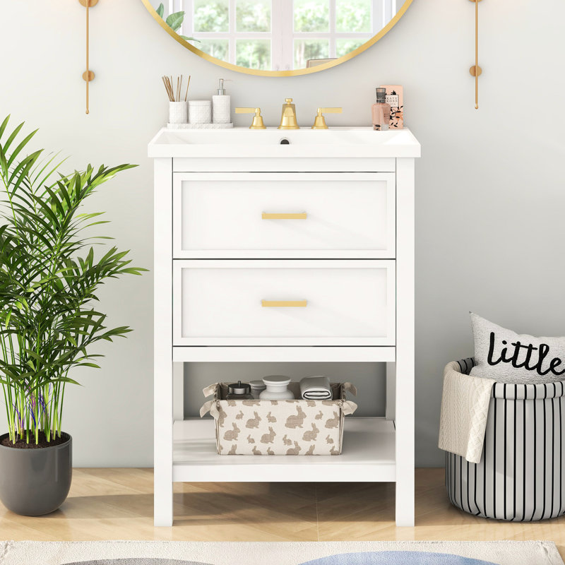 Armoire de rangement de salle de bain moderne 24 po avec lavabo 24 tiroirs blanc et or pour plus de commodité