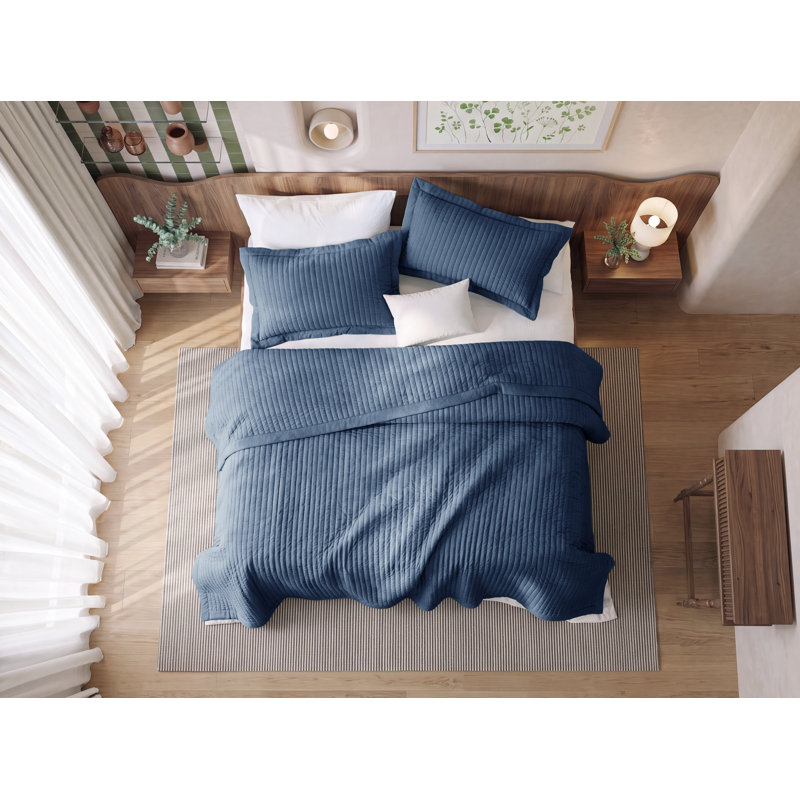  Quilts - Soft Lightweight Quilted Bedspread Coverlet with Contrast Stitching, Queen Quilt + 2 Shams, Navy
