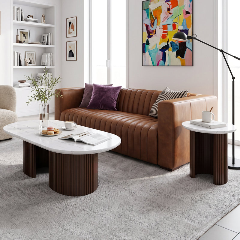 Table de bout ronde contemporaine en marbre avec base piédestal cannelée