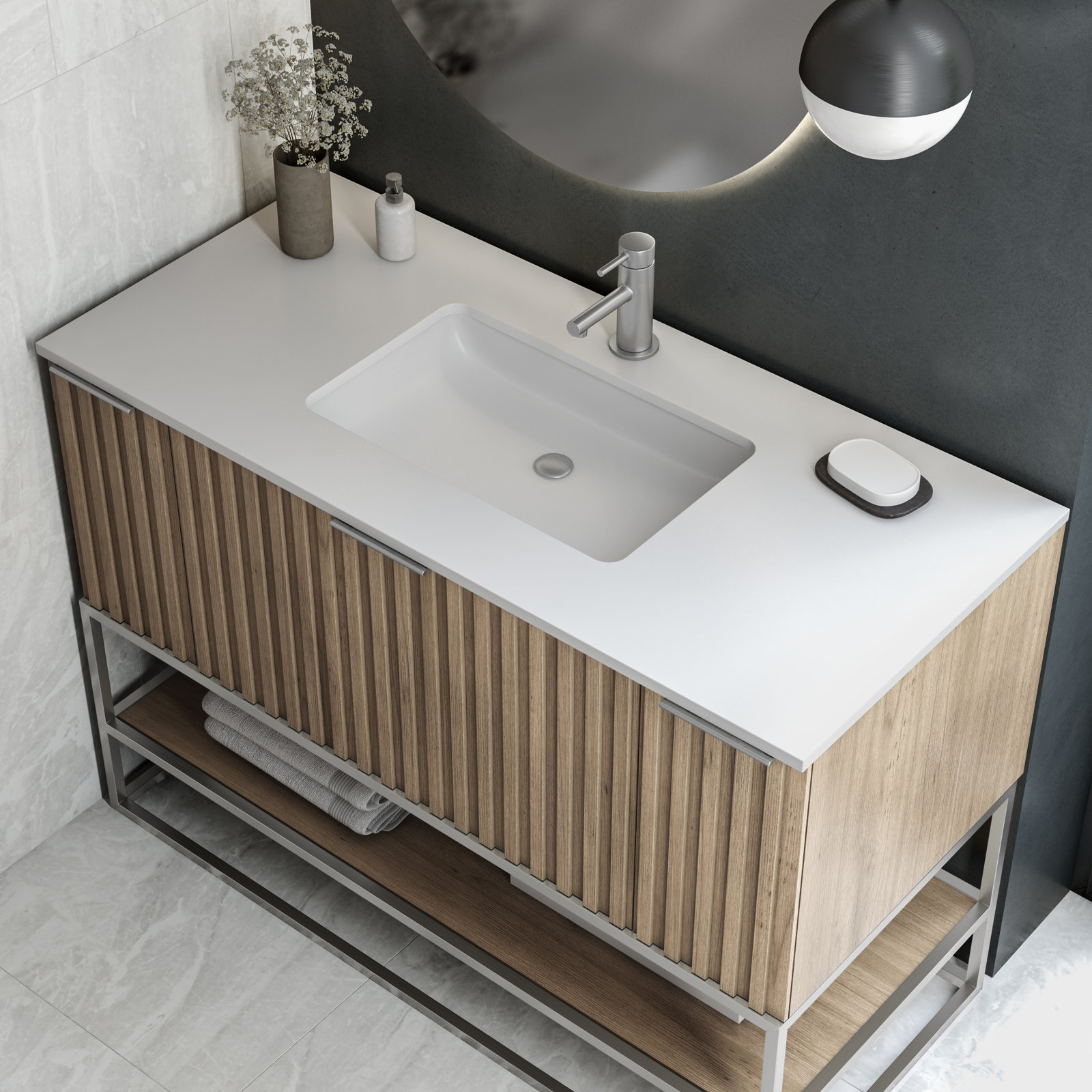 Terra 48'' Single Bathroom Vanity, White Quartz/Single Faucet Mount, Cashmere Gray, Brushed Nickel