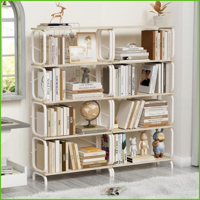 Bookshelf, 5-Tier Industrial Open Bookcase with White Metal Frame | White | MDF+Iron