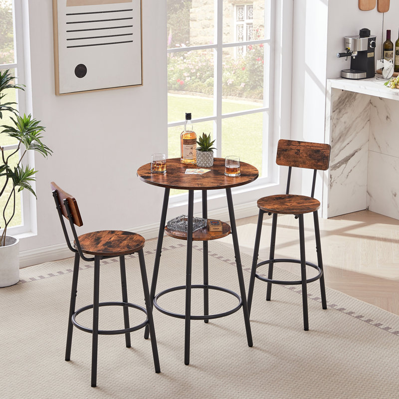 Tabouret de bar rond avec tablettes, tabouret avec dossier, Brun rustique, Brun