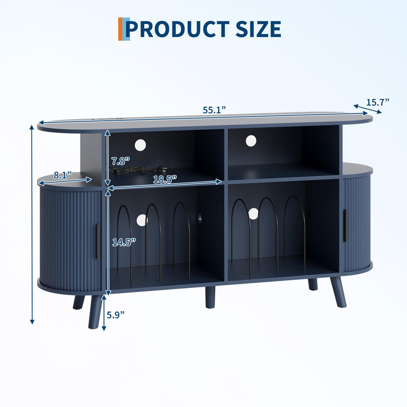 Tourne-disque rond, armoire de rangement en vinyle, bleu Mid-Century moderne