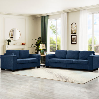 Deux pièces de salon en bleu, accoudoirs carrés avec porte-gobelet et rangement, pieds en bois massif à structure stable en bois massif à 5 places, coussin à ressorts spongieux confortable à haute densité