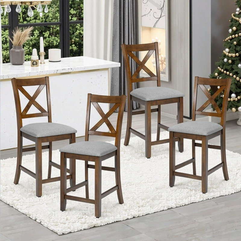 Ensemble de 4 chaises de salle à manger à hauteur de comptoir en bois massif avec sièges rembourrés et conception ergonomique à dossier en X