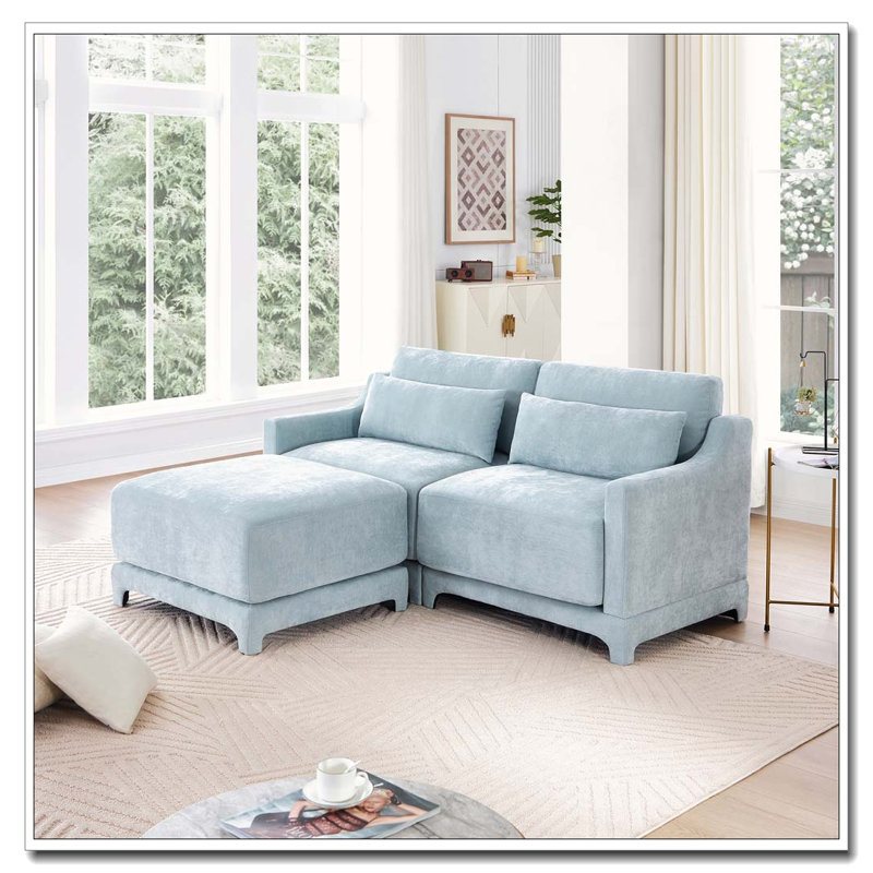 Canapé en chenille 2 places avec repose-pieds, Bleu ciel