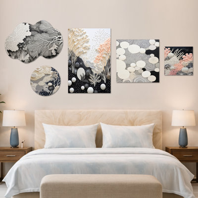 Ensemble de 5 décorations murales noires et blanches, corail, gris et bord de mer, toile et métal (100 po x 40 po)