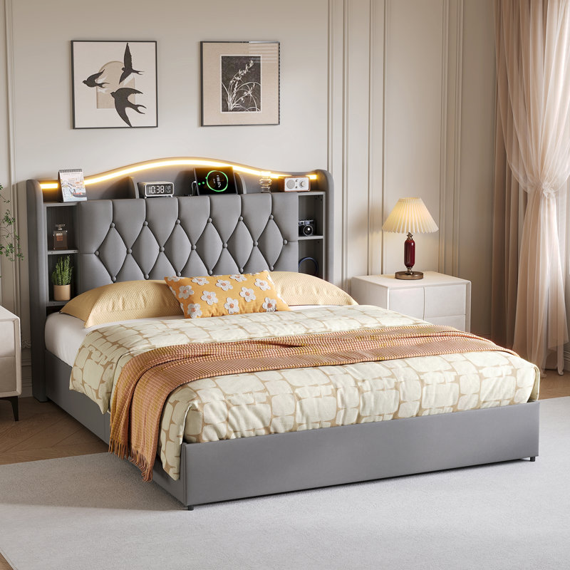 Solid Wood Ottoman Storage Bed, European Double (140 x 200 cm), Grey