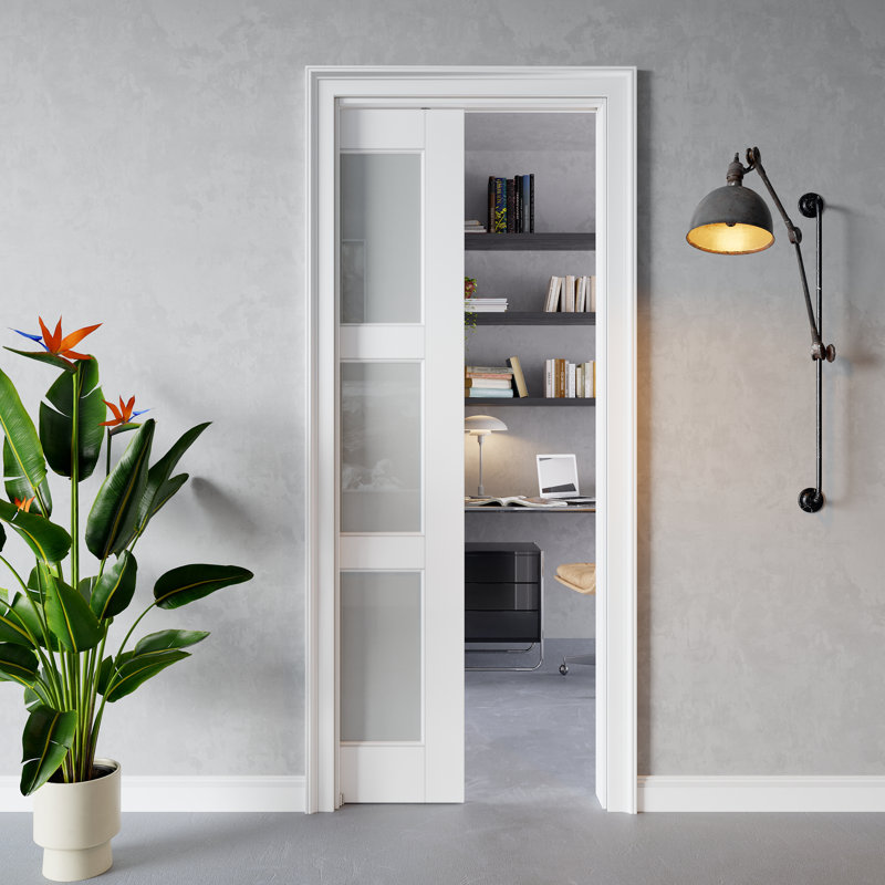 Porte coulissante à 3 compartiments en verre givré blanc apprêté avec trousse de quincaillerie, 36 po x 80 po