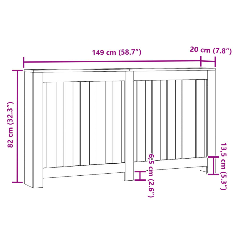 Large Radiator Cover, Old Wood, 149 x 20 x 82 cm, Vertical Slats