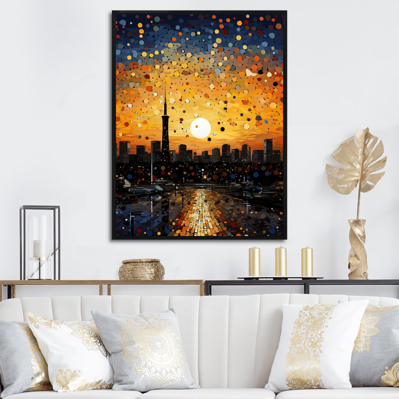 Art déco coucher de soleil paysage urbain, Cadre flottant noir, H 32 po x l 24 po