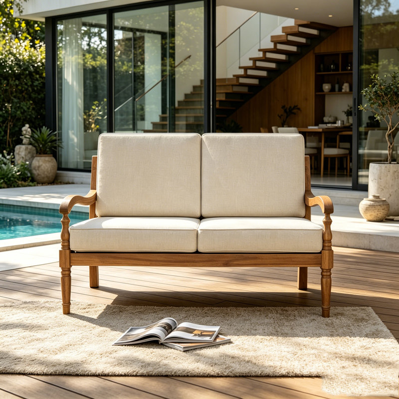 Outdoor Acacia Wood Loveseat with Cushions