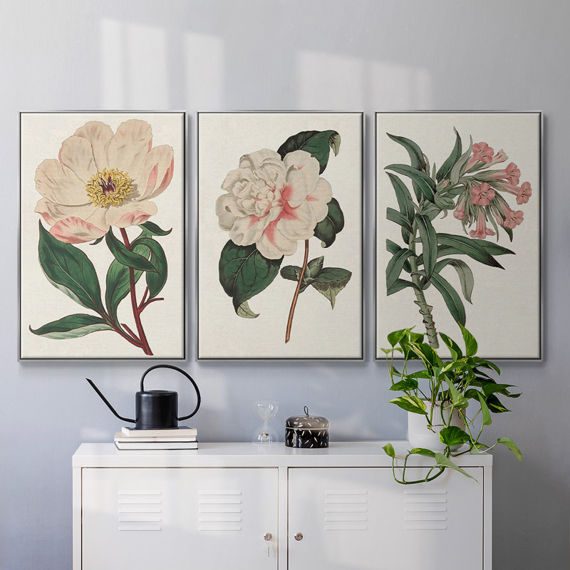 «Pink Floral Mix VI», ensemble de 3 cadres flottants sur toile, Argent, H 36 po x l 72 po