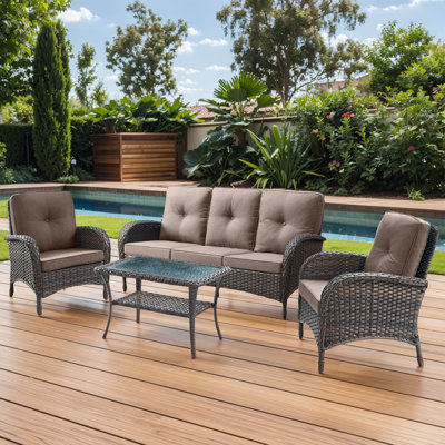 Valierius 4-Piece Outdoor Wicker Patio Furniture With 3 Seat Sofa, Rattan Coversation Set With Water Resistant Cushions