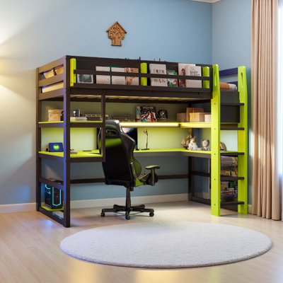 Lit mezzanine simple en bois avec bureau, support de rangement latéral, tablettes multiples et lumière RVB