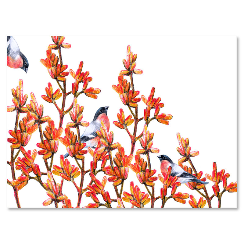 Volée de bouvreuils sur branches orange - Peinture sur toile, H 30 po x l 40 po x p 1 po, Toile tendue