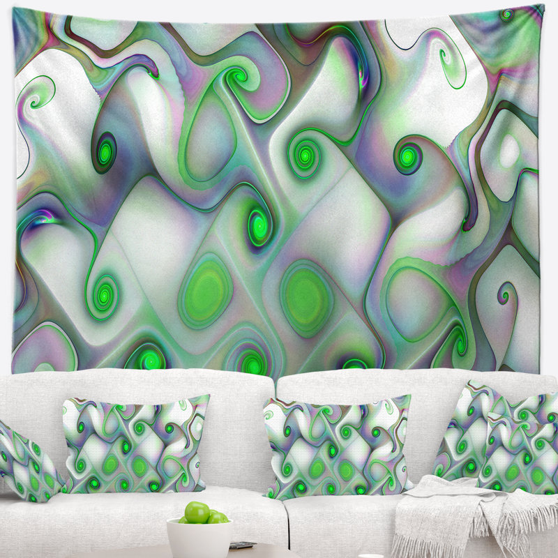 Tapisserie abstraite à motif blanc et vert avec tourbillons, H 78 po x l 92 po
