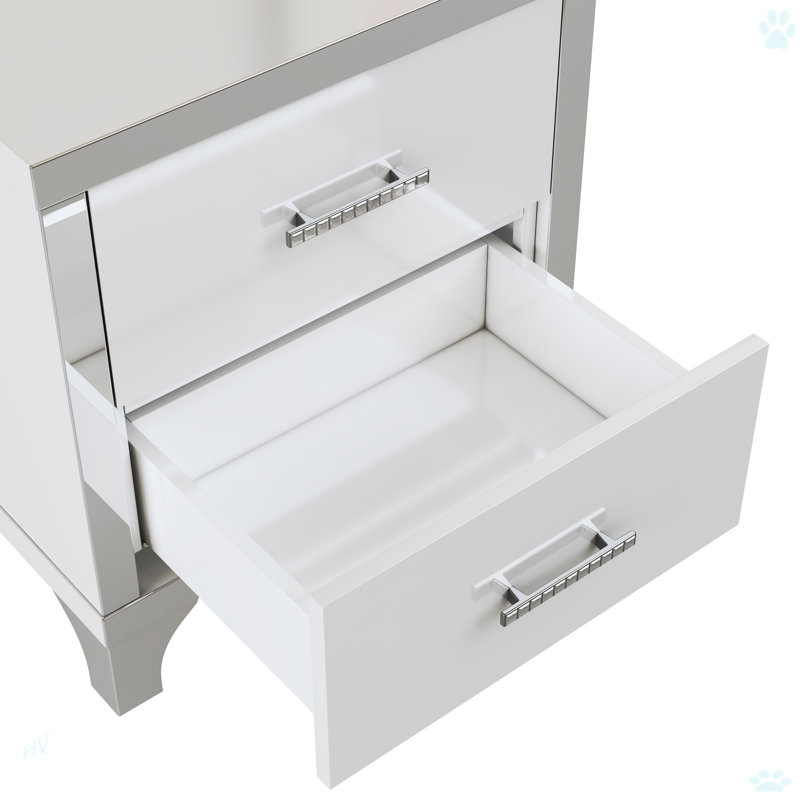 Elegant High Gloss Nightstand With Metal Handle, White