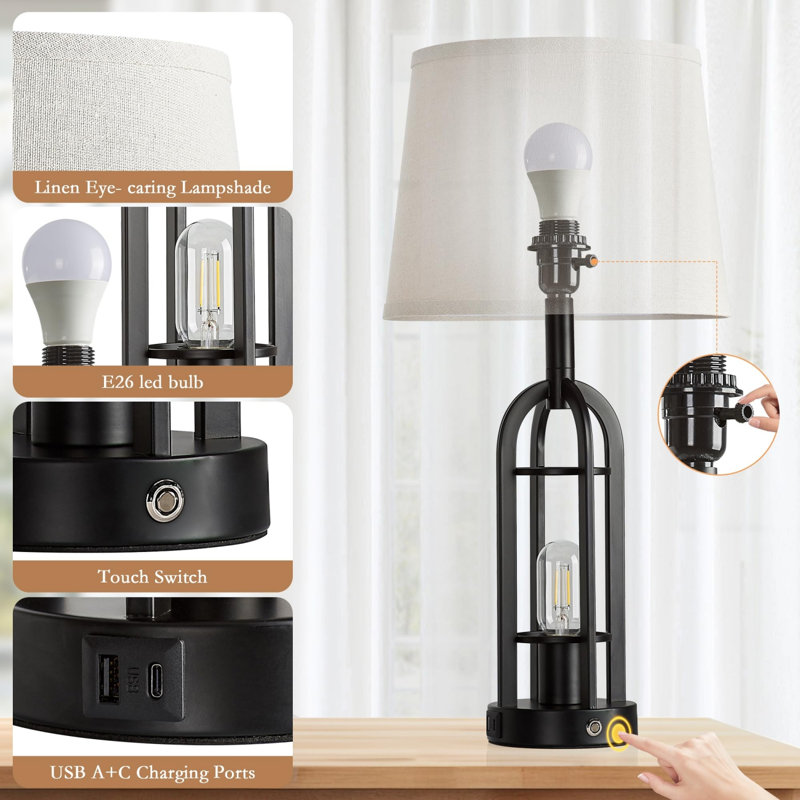 Ensemble de 2 lampes de table de ferme à intensité variable avec ports USB-A et Type-C, ampoules à DEL Edison 3000K 805LM incluses, double abat-jour en lin pour le salon de la chambre à coucher
