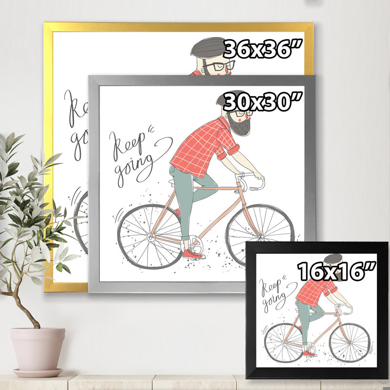 Hipster Man On A Bicycle - reproduction d'art sur toile encadrée, H 16 po x l 16 po x p 1 po, Cadre blanc