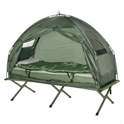 Outsunny Multifunctional Folding Camping Cots For Adults, Elevated Tent With Sleeping Bag, Thick Air Mattress Pad, Portable Single Sleeping Cot Camping Bed