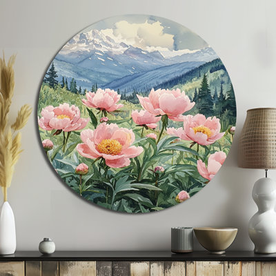 Pivoines dans la vallée de Windswept II - pivoines rondes, art mural en métal traditionnel rose