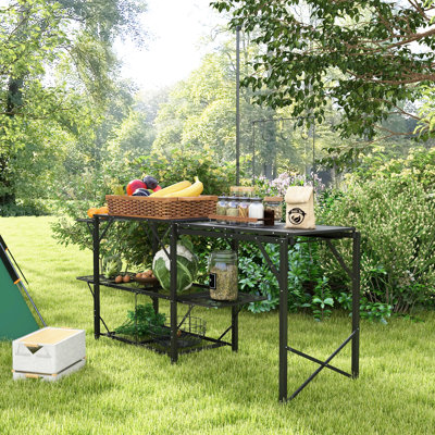 Station de camping avec table pliable, support de lanterne réglable et outils de suspension, rangement spacieux pour camp de camping, lanterne, caractéristiques