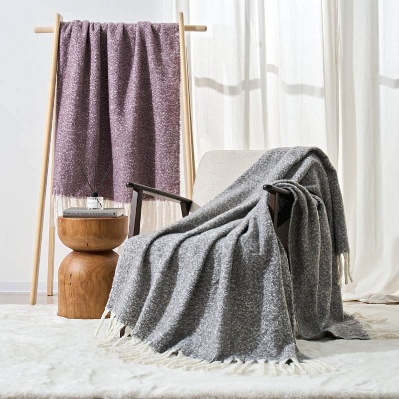Faux Mohair Throw - Soft Fringed Blanket, Grey