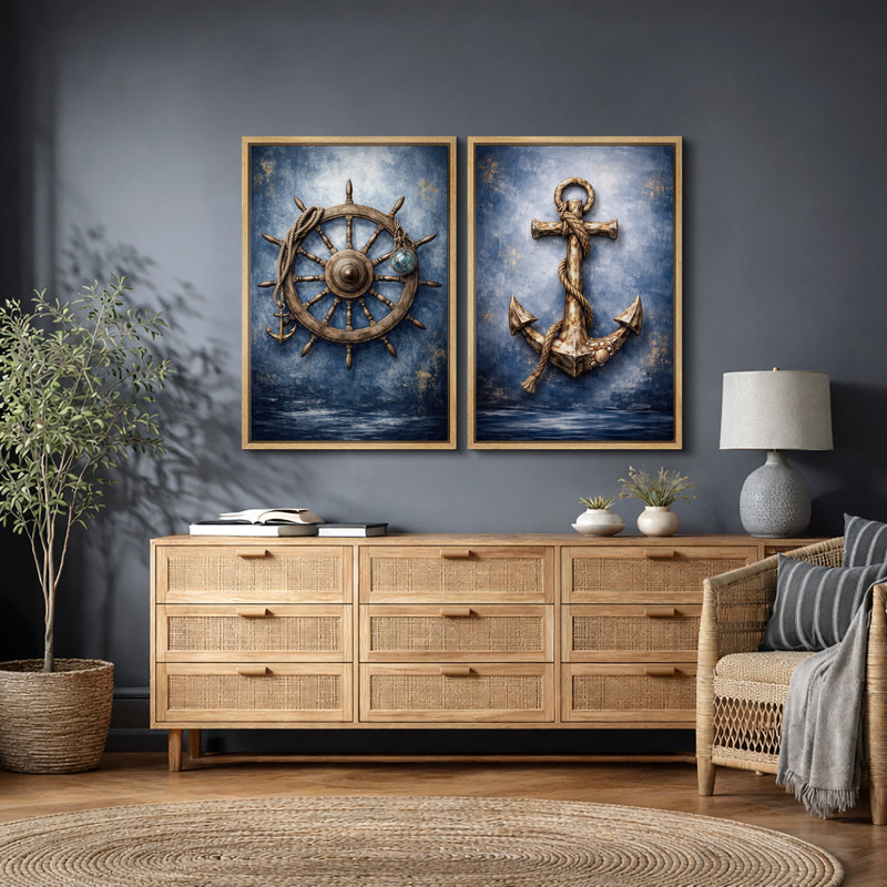 Art nautique de roue de bateau et ancre, photos de salon côtier, impression sur toile encadrée, 2 pièces, Cadre naturel
