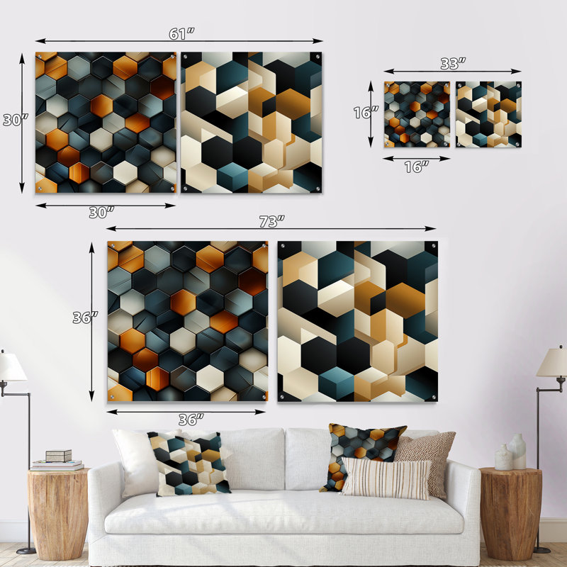 «Orange and Grey Hexagons Angularity I», ensemble de 2 reproductions d'art géométriques abstraites en acrylique