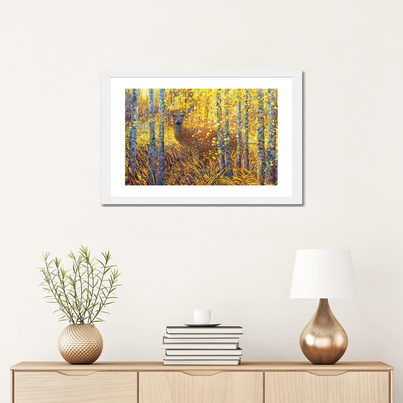 «Deer Demure» par Iris Scott - reproduction d'art, H 16 po x l 24 po x P 1 po, Papier encadré blanc, Blanc