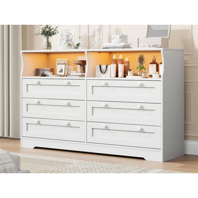 Dresser for Bedroom, Large Wooden Dresser with 6 Drawer, 55 Inch Tv Stand Dressers for Bedroom with Power Outlet