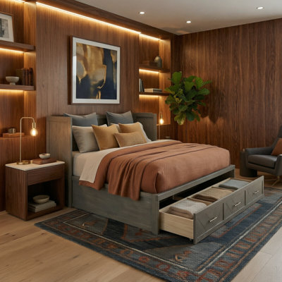 Grand lit escamotable en bois de pin avec panneau décoratif géométrique et station de charge USB intégrée