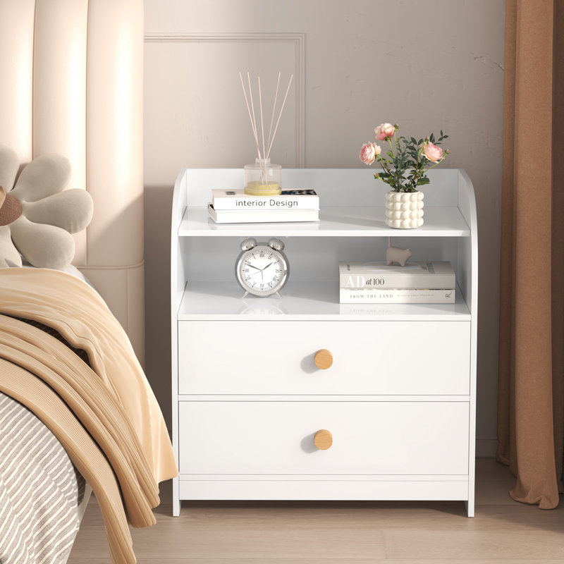 Table de chevet blanche à 2 tiroirs avec panneaux latéraux incurvés et étagère ouverte, table de chevet moderne pour chambre à coucher, chambre d'enfant, chambre de bébé