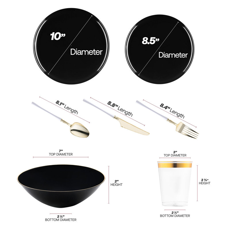 Black Flat Round Disposable Plastic Tableware Set - 60 Settings