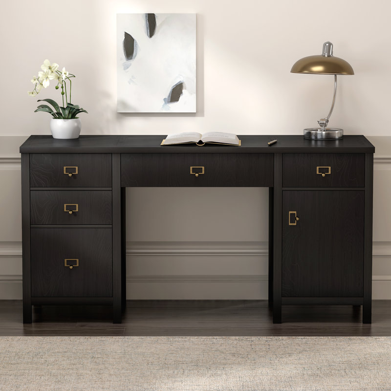 Modern 59 Inch Executive Desk, Premium Office Desk With Built-In File Cabinets And Storage Solutions, Black