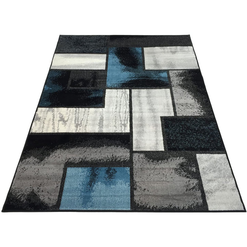 Tapis bleu et noir en polypropylène à poils longs en jute Patchonia, Rectangle 2 pi x 3 pi