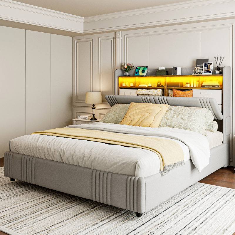California King Size Bed Frames With Wingback Hidden Storage Headboard & 4 Storage Drawers, 49.2" Tall Upholstered Headboard With Led Lights And Charging Station, No Box Spring Needed, Solid Wood Slats, Noise Free, Light Grey