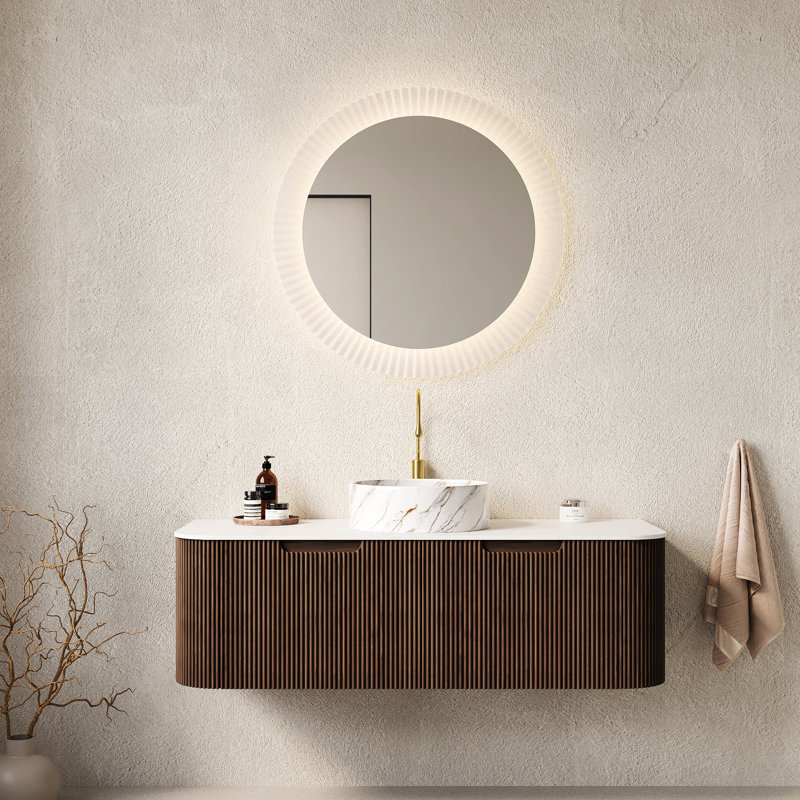 Meuble-lavabo de salle de bain de 122 cm (48 po) avec lavabo rond en céramique blanche, rangement, finition noyer foncé, grand espace de rangement, installation facile, 2 tiroirs, à installer sur le comptoir