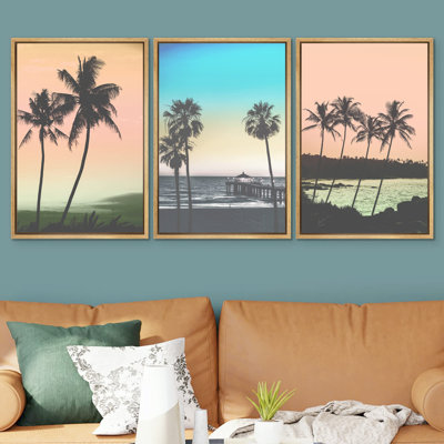 " Tropical Neon Sky Palm Tree Beach Island Coastal Nautical Photography Modern Art Seascape Relax " 3 - Pieces