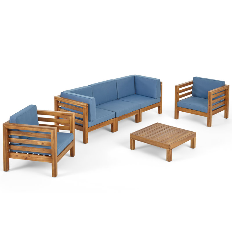Ensemble de conversation avec canapé et coussins 4 pièces Maher, Structure en teck / coussin bleu