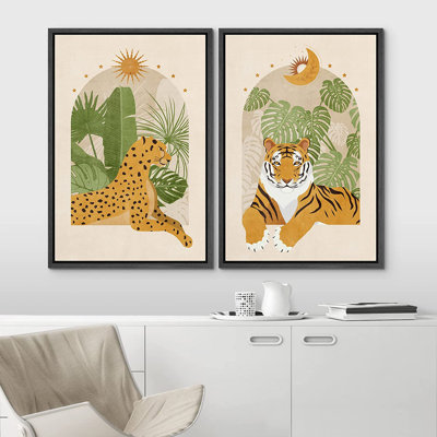 Tigre du Bengale indien, jungle tropicale de Monstera, nature sauvage - ensemble de 2 impressions sur toile flottante