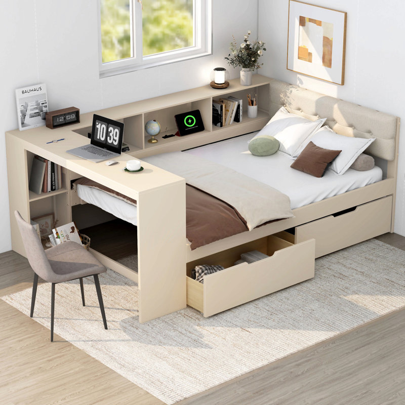 Lit plateforme en bois avec tablettes de rangement, tiroirs, station de charge et tête de lit tapissier, Lit double