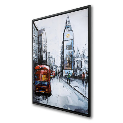 Abstract London and Red Bus - Contemporary Blue Framed Canvas