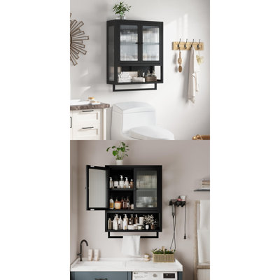 Wall Mounted Bathroom Cabinet Over Toilet, 2 Glass Doors + Towel Bar