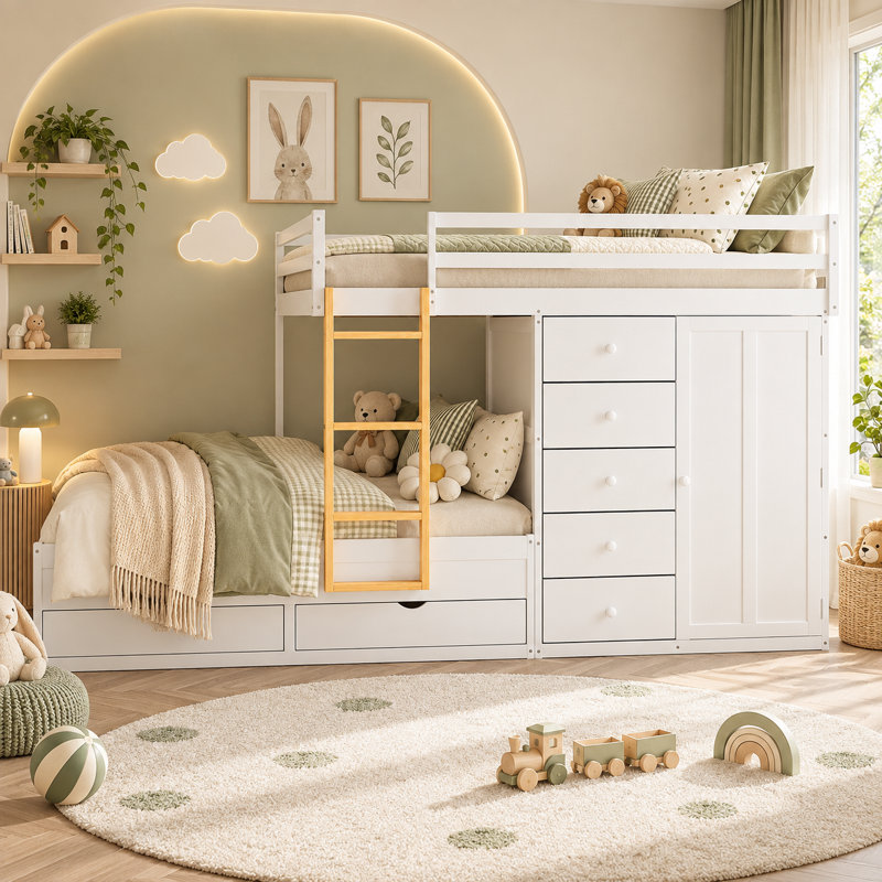 Lit superposé Scrigno double avec rangement : 2 grands tiroirs, 5 petits tiroirs et une armoire, Blanc