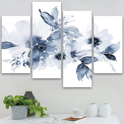 Minimal Botanical Watercolor Pastel Blue Flowers Abstract Botanical Floral Extra Large 4 Pieces Canvas Print Wall Art