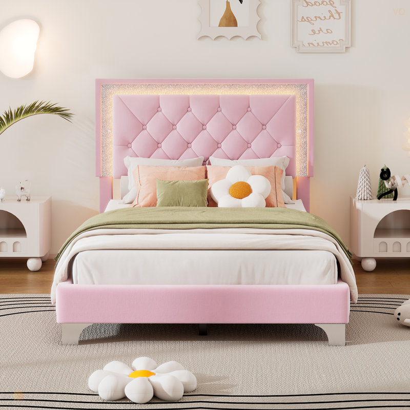 Structure de lit simple tapissier avec lumières DEL, lit plateforme moderne en velours avec tête de lit capitonnée