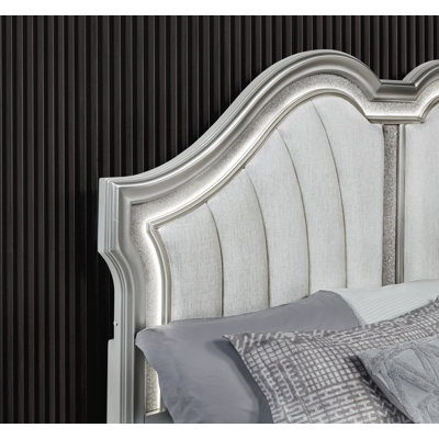 Silver Bedroom Set With LED Lights And Upholstered Headboard