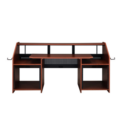 Bureau de musique rectangulaire de couleur cerise pour les fabricants de musique de pointe, 2 compartiments ouverts, 1 tablette au-dessus, écouteurs, trous de câbles, trous de vis et plateau à outils rétractables, outils de fixation, crochets latéraux